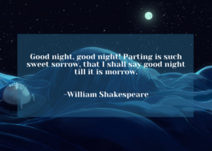 Good night, good night! Parting is such sweet sorrow, that I shall say good night till it is morrow. -William Shakespeare